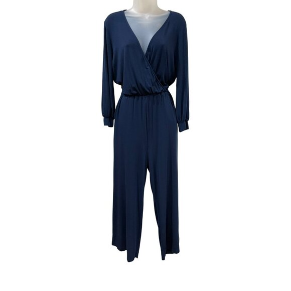 Amour Vert Womens Navy Blue Wrap-Style Jumpsuit W/ Pockets & Belted Waist S - Picture 9 of 9